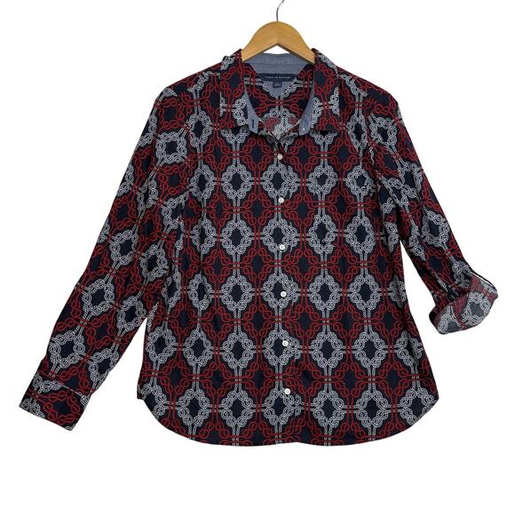 Tommy Hilfiger Abstract Roll Tab Sleeve Cotton Utility Shirt Sz L Preppy Coastal - Picture 1 of 10